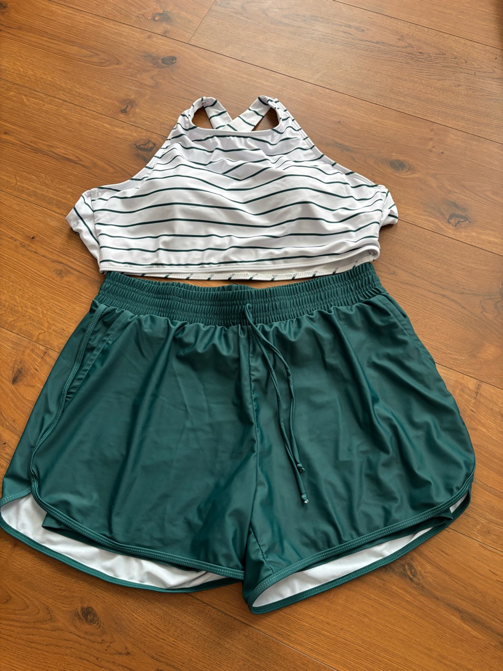 Green Swim Shorts with White Striped Swim Top - Women's Bikini Set